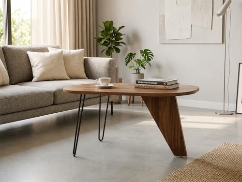 Image of REDWOOD Modern Coffee Table | Engineered Wood Top with Geometric Support & Sleek Metal Hairpin Legs | Modern Center Table for Living Room, Lounge & Apartment Furniture | Columbian Walnut & Black