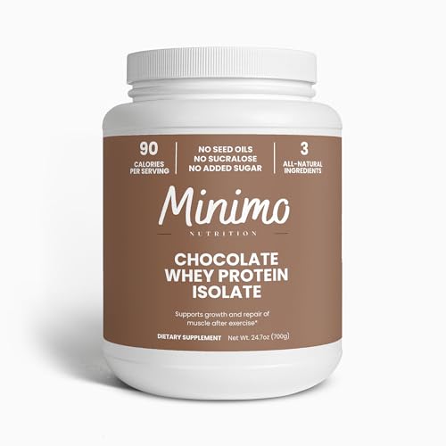 Minimo Nutrition Whey Isolate Protein Powder, Only 3 Ingredients, Whey Protein Isolate, No Seed Oils, No Added Sugar, No Sucralose, 1.51 lbs (1.54, Chocolate)