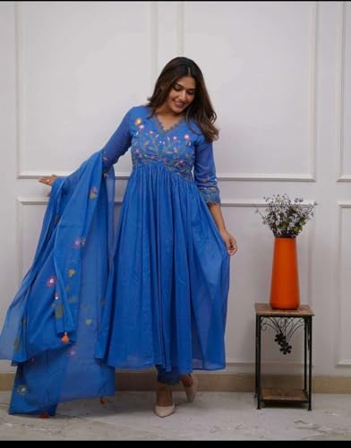 Image of Women's Cotton Embroidered Long Anarkali Kurti with pant and Dupatta Set