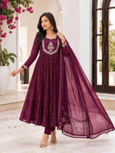 Image of Women's Cotton Embroidery Anarkali Kurti and Pant with Dupatta Set