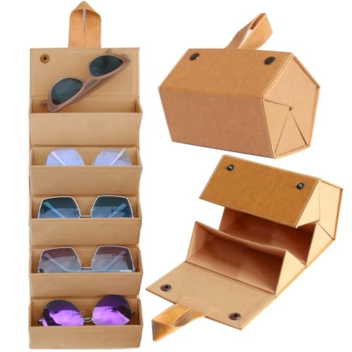 Image of Sunglass Case for Men or Women Hard Multi Eyeglasses Case Box Portable 5 Slot Glasses Organizer Holder Eyewear Bag (Light brown-camel inside)