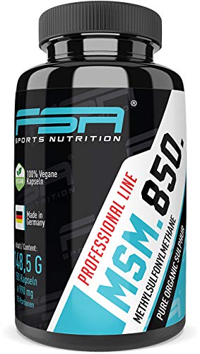150 gélules MSM fortement dosées, 850 mg de méthylsulfonylméthane par gélule végétalienne sans additifs chimiques, de FSA Nutrition, la marque des sportifs professionnels, fabriquées en Allemagne