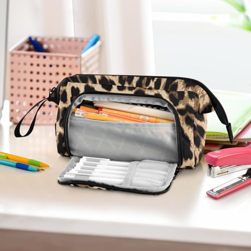 Image of Bolaz Big Capacity Pencil Pen Case Pouch Bag School College Office Organizer for Teens Girls Adults Student-Brow-black Leopard Print