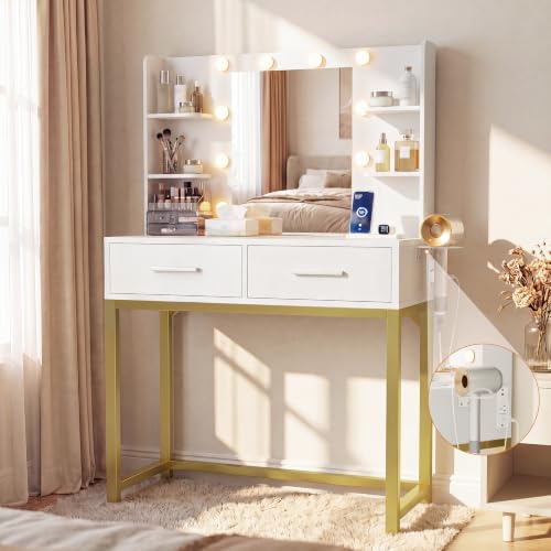 Image of YESHOMY 31.5'' Small Vanity Desk with LED Mirror and Lights, White