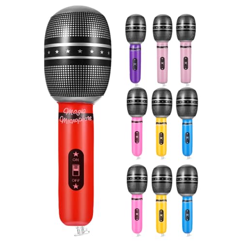 LOGOFUN 10Pcs Inflatable Microphones Large Blow Up Microphone Plastic Inflatable Microphone Props for 80s 90s Musical Concert Themed Party Favors - 25CM