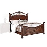 Benjara Aza Traditional Wood Eastern King Size Bed, Leaf Carvings, Rich Cherry Brown
