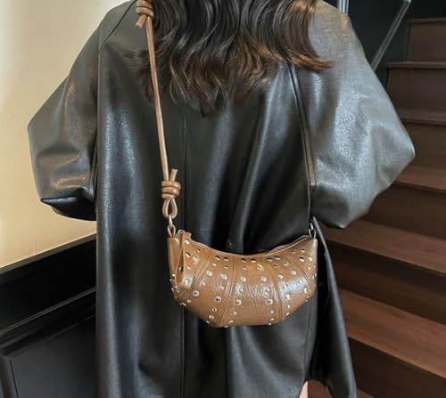 Studded Crossbody Bag for Women Small Vegan Leather Crescent Shoulder Purse Trendy Y2K Punk Dumpling Bag Hobo Purses3