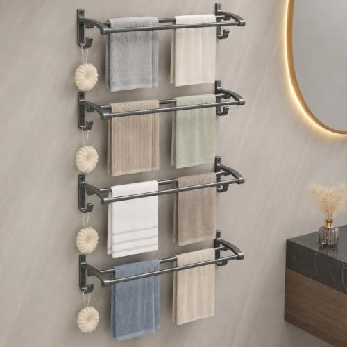 Image of iSTAR Double Rod Towel Holder - Stainless Steel Wall Mounted 2 Bar Towel Rack, 24 Inch Rust-Proof Chrome Finish (Black, Pack of 4)