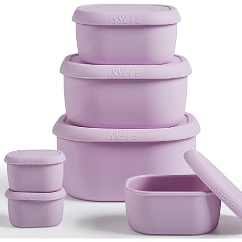 ISSEVE 6Pcs/Set Nesting Silicone Food Storage Containers with Lids, BPA Free Reusable Meal Prep Silicone Containers Lunch Box Bento Box Set (33.8oz, 20oz, 10oz, 6.7oz, 1.3oz) (Purple) Cover
