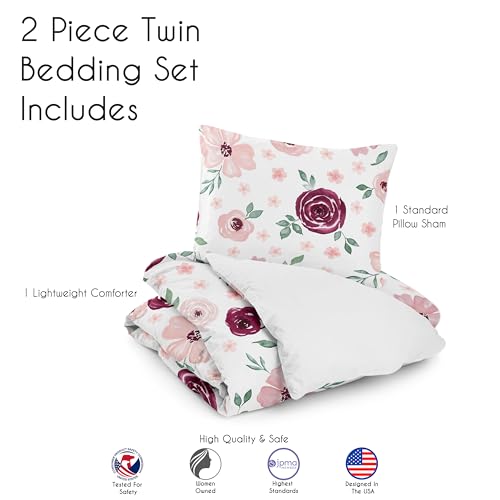 Image of Sweet Jojo Designs 2-Piece Twin Comforter Set (Red /Grey Boho Floral) for Girls, Kids, Teen, College Bed Room incl. Single Size Bedding & Sham (Watercolor, Flower, Elegant Rose, Farmhouse, Burgundy)