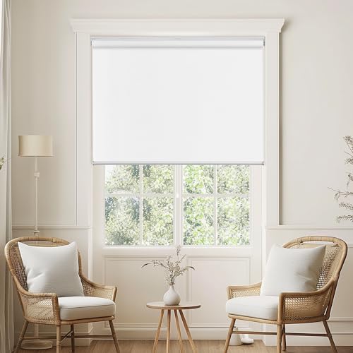 ChrisDowa Cordless 100% Blackout Roller Shade, with Striped Jacquard, Thermal Insulated, UV Protection Fabric, Total Blackout Blinds for Window, French Doors, Home and Office. White, 37" W x 72" H