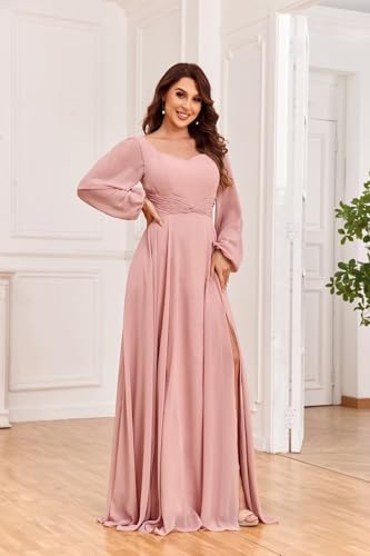 Sukleet Long Sleeve Bridesmaid Dresses with Slit A Line Pleated Chiffon Formal Evening Gowns for Women4