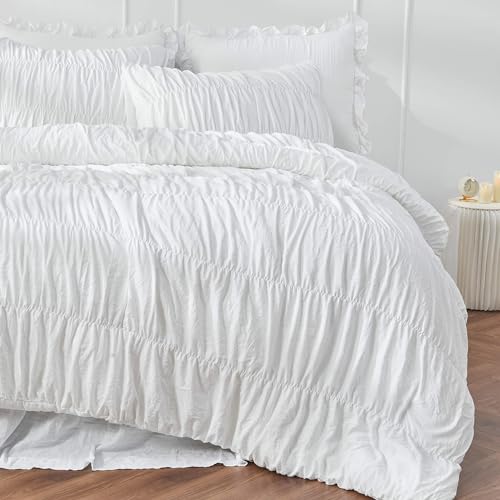 Bonlino Queen Comforter Set White Bedding - Ruched Comforter Queen Size Bed Set Boho Shabby Chic Bedding for Bedroom Comforter Fluffy 3 Piece Ruffle Comforter Set with Pillow White Soft