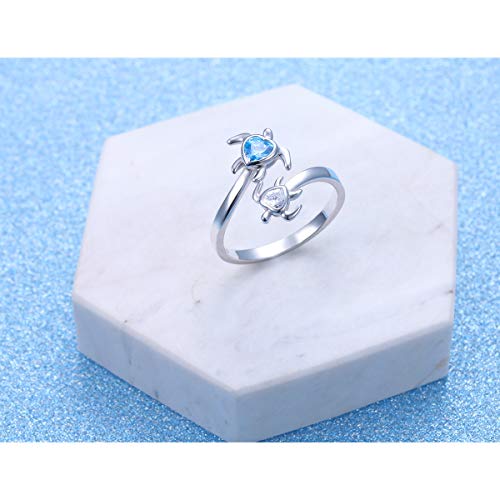 Ladytree S925 Sterling Silver Turtle Animal Open Ring Sea Turtle Heart CZ Adjustable Bypass Nature Ocean Ring4