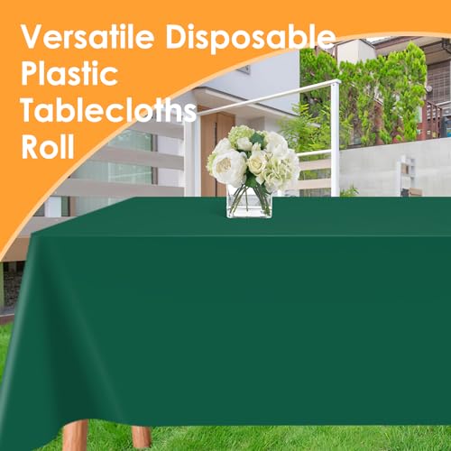 Image of tujol Dark Green Disposable Plastic Table Cloth Roll 54 inch X 100', Plastic Table Cover with Cutter Box, Cut to Size Disposable Tablecloth for Parties