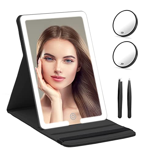Rrtide Lighted Travel Mirror With Detachable 3.5Inch 10X & 20X Magnifying Mirror, Portable Led Tabletop Cosmetic Mirror Of 8*5.5Inch, Pu Leather Cover Makeup Mirror For Travel, Cosmetic, Office #TOP3