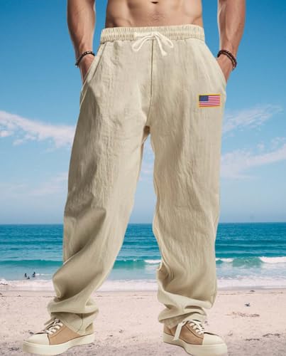 Mens Linen Casual Pants American Flag Graphic Splicing Hip Hop Trousers Drawstring Wide Leg Pants with Pockets3