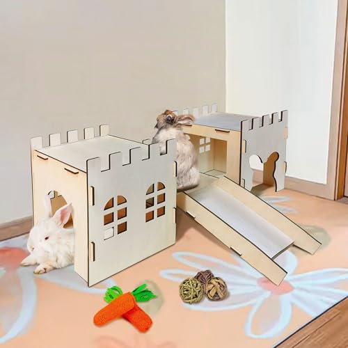 Wooden Rabbit Castle Hideaway Tunnel and Bed Small Animal Hideaway Hut Solid Safe Construction