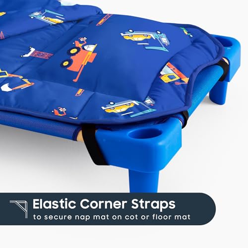 Image of Wake In Cloud - Cot Nap Mat with Pillow and Blanket, 100% Cotton Fabric, for Toddler Kids Boys Ages 3 Plus in Daycare Kindergarten Preschool with Elastic Corner Straps, Cars Cranes Trucks