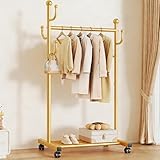 BYJSJY Perchero de pie con ruedas,Percheros Burro de Metal con Estante y Ganchos,Estantería Multiusos,Organizador De Ropa,para Entrada o Dormitorio(Gold,100cm(39.4in))