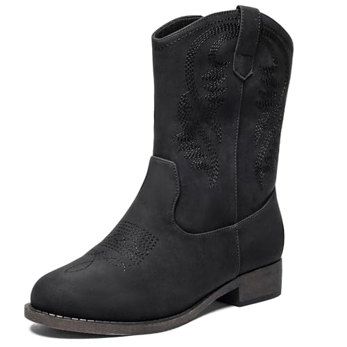 Ataiwee Women's Mid Calf Boots,Cowboy Cowgirl Boots For Women with Side zipper and Chunky Heel,Embroidered Fashion Western Boots(2404011,BK/PU,9.5)