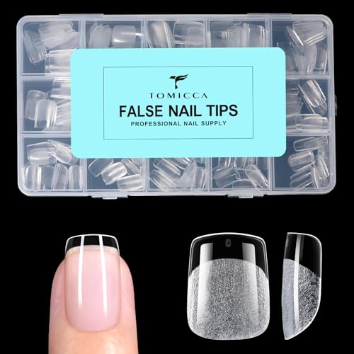 TOMICCA Extra Short Square Nail Tips - 240pcs 15 Sizes Soft Gel Tips Half Matte Pre-Shaped Full Cover Clear Fake Nails Acrylic Press on Nails for Extension Beginners and Professional Salon