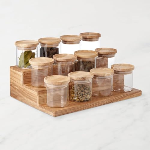 Image of Three-tiered wooden spice rack organizer for spice bottles, jars, and natural display shelves for a pantry cabinet or countertop