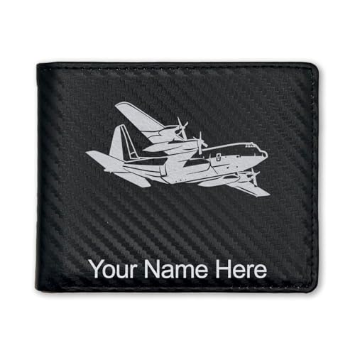 LaserGram Faux Leather Bi-Fold Wallet, Cargo Airplane, Personalized Engraving Included (Carbon Fiber Black with Silver)
