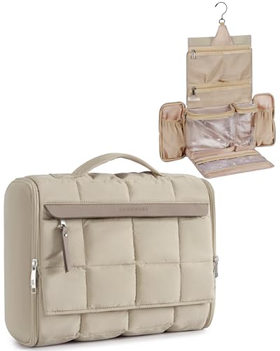 BAGSMART Travel Toiletry Bag, Extra Large Full-open Hanging Toiletry Bag for Women, Puffy Cosmetic Makeup Bag Organizer with Handle for Accessories, Essentials, Toiletries (Brown)