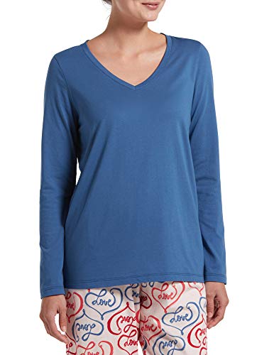 HUE Women's Solid Long Sleeve V-Neck Sleep Tee, True Navy, Medium