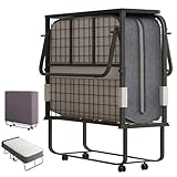 Mjkone 75' x 31' Folding Bed, Rollaway Bed with 5' Mattress for Adults, Headboard & Dustproof Cover, Portable Fold Up Roll Away Beds with Casters, Space Saving Guest Beds for Bedroom, Upgraded