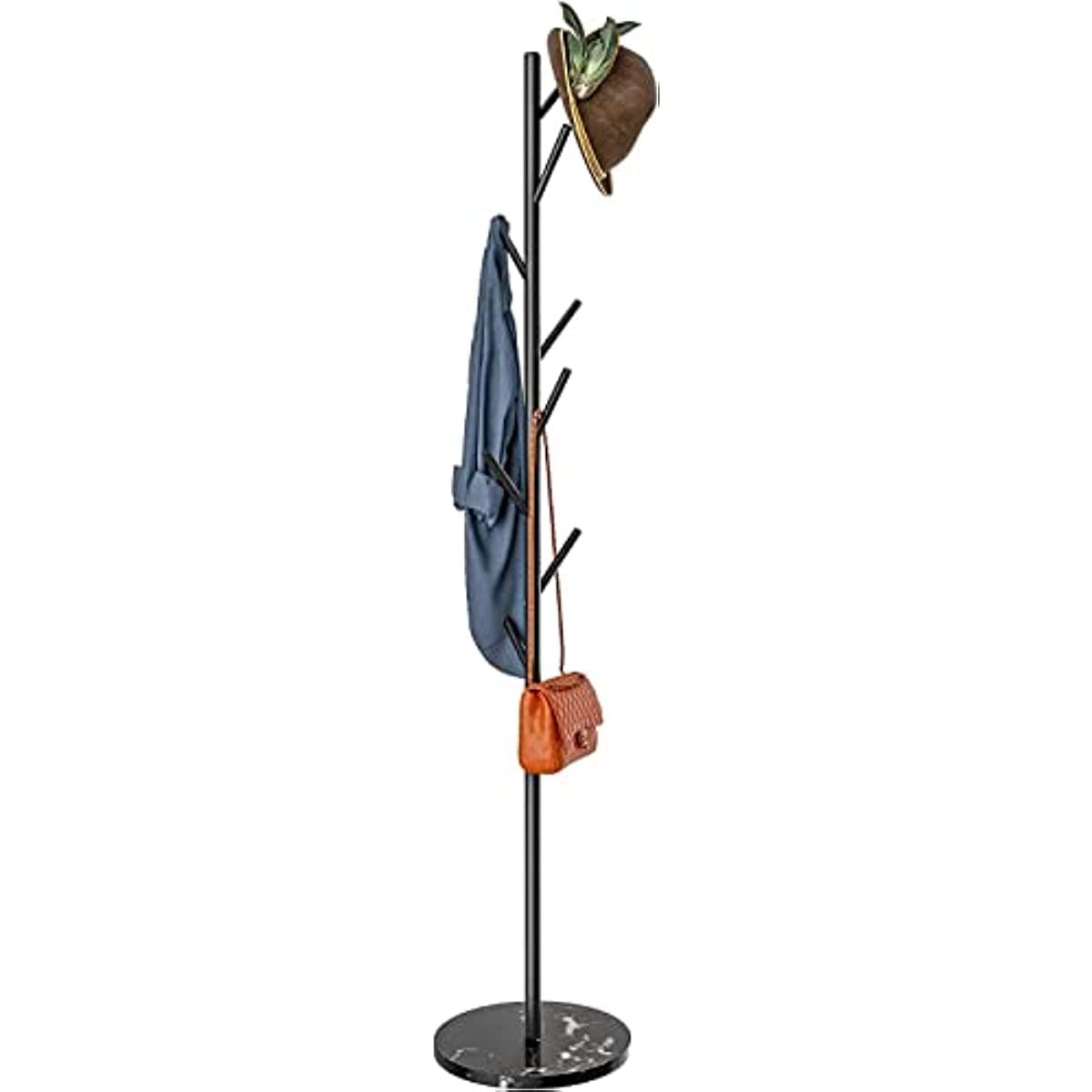 Coat Rack, Free Standing Coat and Hat Rack with 8 Hooks Stable Marble Round Base,3 Height Options, for Clothes, Hats, Bags (Black, Type A)