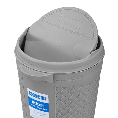 Image of KOLORR Stitch Round Plastic Dustbin with Swing Lid 8.5 Litres, Trash Bin, Garbage Waste Bin For Home, Bathroom, Kitchen, Office, Bedroom Grey Color