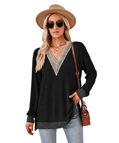 GRMLRPT Blouse à Manches Longues Femme Chic T-Shirts Élégant Col en V Chemisier Casual Tops Mode Couleur Unie Hauts Tunique(Noir,L)