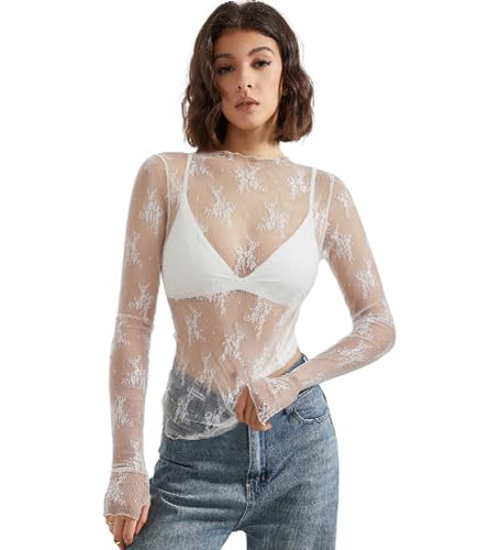 mesh top long sleeve mock neck - white