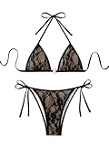 GORGLITTER Neckholder Bikini Damen Sexy Spitzen Badeanzug Brazilian Style Triangel Bikini Mit Spitze Bikinis Bademode Swimsuit Schwarz S