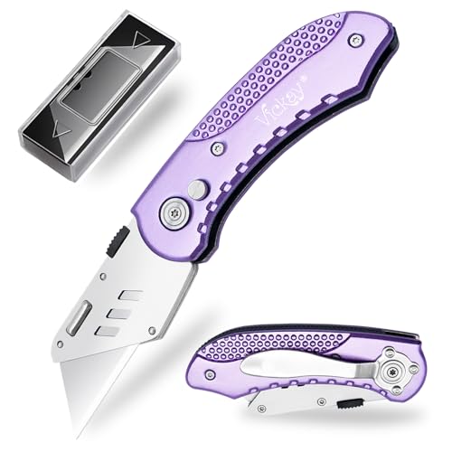 Vickay Folding Utility Knife Box Cutter with 5 SK5 Quick Change Blades Safety Axis Lock Design Razor Knife Lightweight Aluminum Handle Belt Clip for Office Home Artcraft Light Purple)