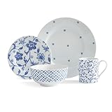 Portmeirion Home Collection 16 Piece Dinnerware Set - Blue Indigo Mix & Match Designs, Porcelain Dinner Plates, Salad Plates, Bowls & Mugs - Microwave, Dishwasher & Oven Safe, Modern Table Set
