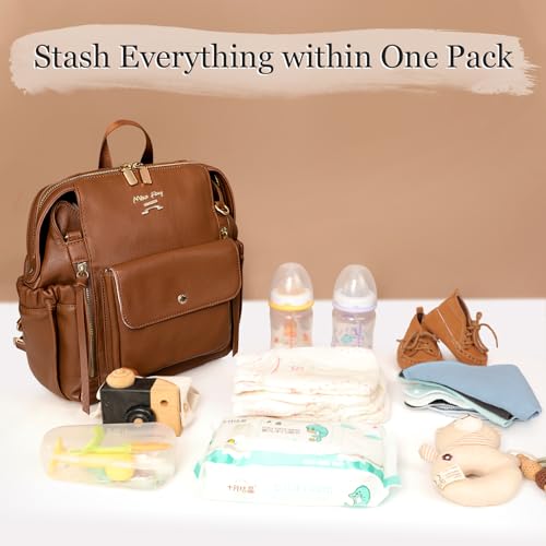 miss fong Small Diaper Bag, Mini Dackpack Leather Diaper Bag Backpack with 12 Diaper Bag Organizer, Insulated Pocket, 2 Insulated Pockets (Brown)