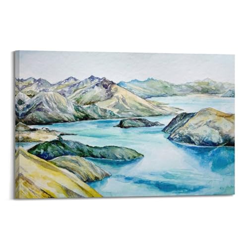 Aquarelle colorée lacs et montagnes pour salon moderne WIZIGM