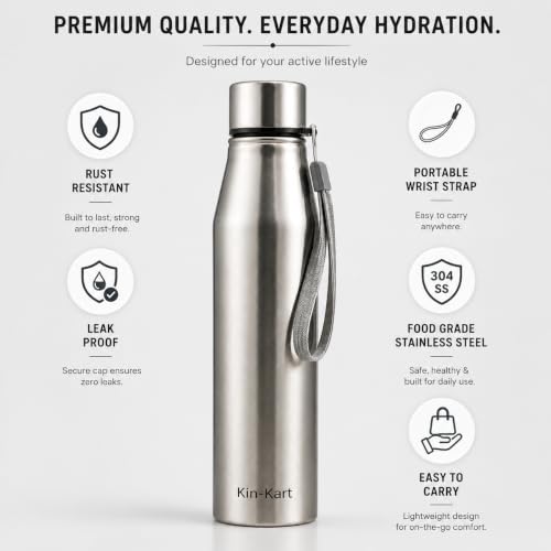 Image of Kin-Kart Water Bottles 1000 ml Stainless Steel Water Bottle 1 Litre | Eco friendly Steel BPA Free Leakproof Water Bottles for School, Office, Home, Gym (LONG, SILVER)