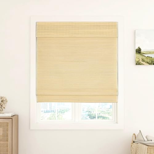 LUSTROWIN Cordless Bamboo Roman Shades 30" x 48" - Light Filtering Window Blinds with Valance, Natural Wood Shades for Living Room & Bedroom, Off White