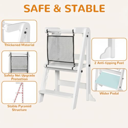 Image of ROOMTEC Foldable Toddler Kitchen Tower, 3 Adjustable Height Wooden Step Stool, Toddler Standing Tower with Safety Net (White)