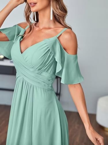 Women's Cold Shoulder Chiffon Bridesmaid Dresses Long with Slit Ruffles Formal Prom Dresses with Pockets HO0504