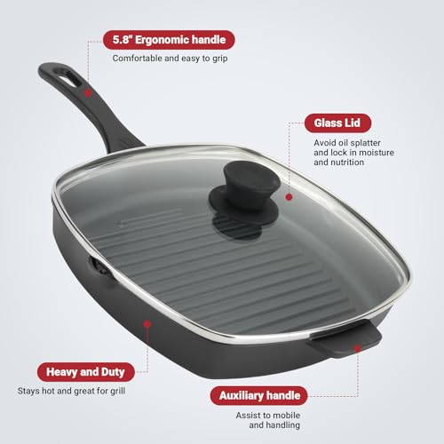 Northriver Casting 10.5 Inch Cast Iron Square Grill Pan With Tempered Glass Lid thumb #3