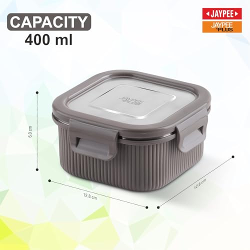 Image of Jaypee Plus Ultima Micro Seal Microwave Safe Air Tight Food Storage Container 400 ml Inner Stainless Steel Rib Design Spillproof Lunch Box for School, Office, Ideal for Snacks and Meal,Mirror Grey