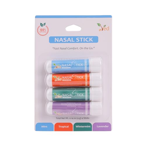 Inhaladores nasales VED, alivio instantáneo de la congestión nasal, aceites esenciales y mentol, mejora la respiración y la concentración, 4 aromas (menta, menta de invierno, tropical, lavanda)