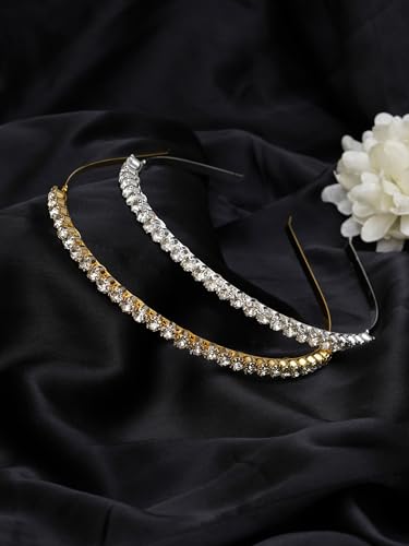 2 Pcs Stylish Diamond Crystal Rhinestone Gold Silver Celebrity Wedding Party Headband Hair Accessories Hairband for Women and Girls | Perfect for Bridal, Party, and Festive Occasions