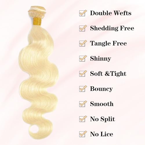 Image of 613 Bundles Human Hair 14 Inch 100% Real Human Hair Blonde Body Wave Bundles Human Hair No Synthetic Blend No Tangle No Shedding 3X Longer Lifespan 16A Brazilian Virgin Hair 613 Body Wave One Bundle