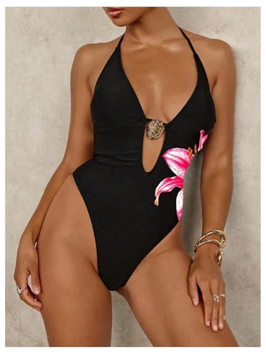 SOLY HUX Women's Floral Print Halter Deep V Neck One Piece High Cut Monokini Swimsuits Vacation Bathing Suit2